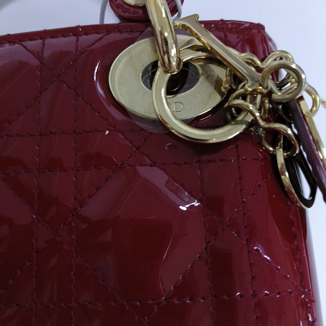 Lady Dior Mini Handbag Burgundy Red Patent Leather Gold-tone Chain Strap