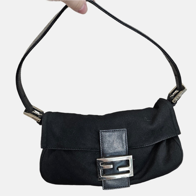 FENDI Baguette Vintage Black Cloth Silver Hardware Shoulder Bag-Luxbags
