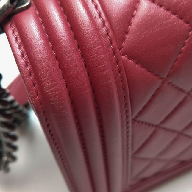 Chanel Le Boy Medium Bag Burgundy Lambskin Leather Silver Antiqued Hardware