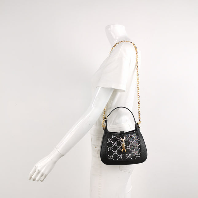 Gucci Jackie 1961 Mini Black Lizard Skin Mesh with Crystals Chain Strap