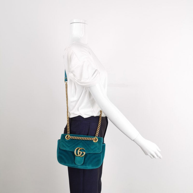 Gucci Marmont Mini Flap Blue Velvet Handbag