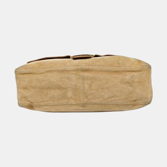 Fendi Mamma Baguette Large Brown Suede Leather Zipper Opening