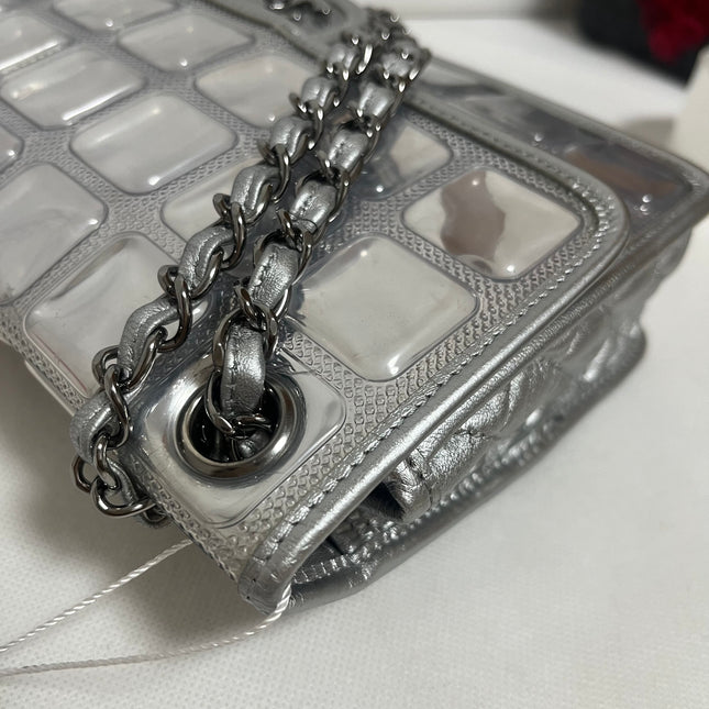 Chanel Ice Cube Chocolate Bar Classic Flap Metallic Silver PVC with Leather