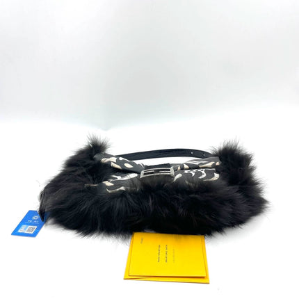 Fendi Baguette Black Print Fabric and Furry Shoulder Bag