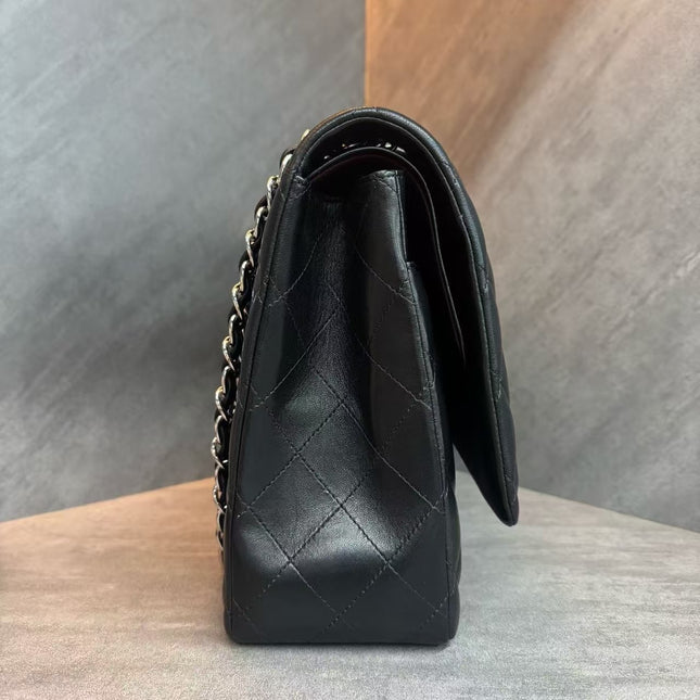 Chanel Classic Flap Maxi Black Lambskin Leather Double Flap Silver Hardware 2012