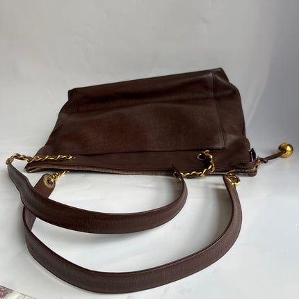 Chanel Vintage Front Pocket Tote Chocolate Brown Caviar Leather Double Gold Leather Chain