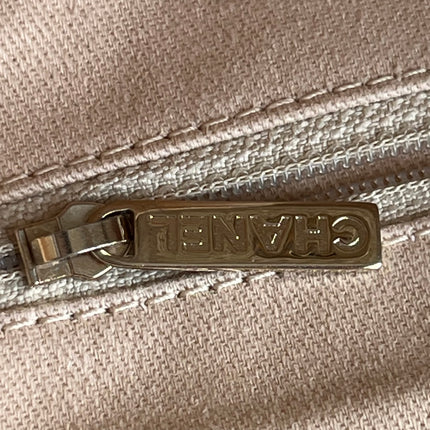 Chanel Deauville Tote Gold Beige Cloth Leather Chain Strap Small 34cm