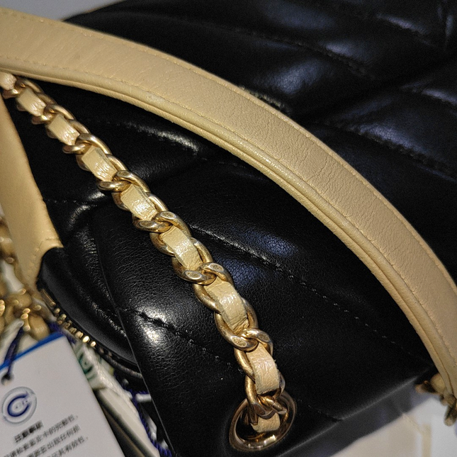 Chanel Small Bicolor Chevron Lambskin Single Flap Bag Black and Gold, 2014-15