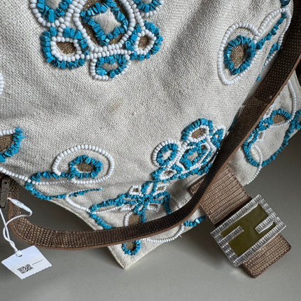 Fendi Mamma Baguette Needlepoint White Canvas and Blue and White Stones Embroidery