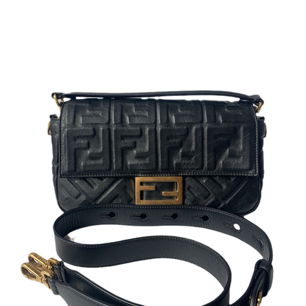 Sold Fendi Baguette Black Leather 3D FF Motif Crossbody bag Medium-Luxbags