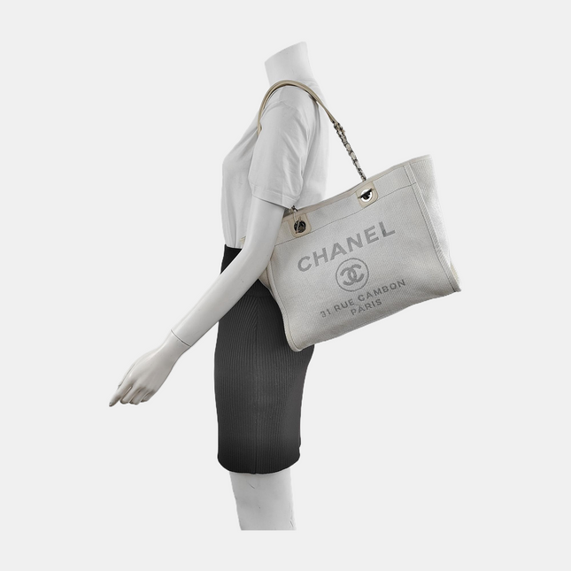 Chanel Deauville Tote Light Blue Denim Leather Trim Small 32cm