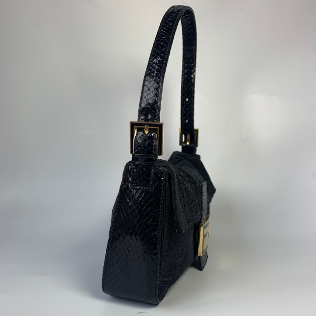 Sold Fendi Baguette Vintage Black Round Beads with Snake Skin Strap