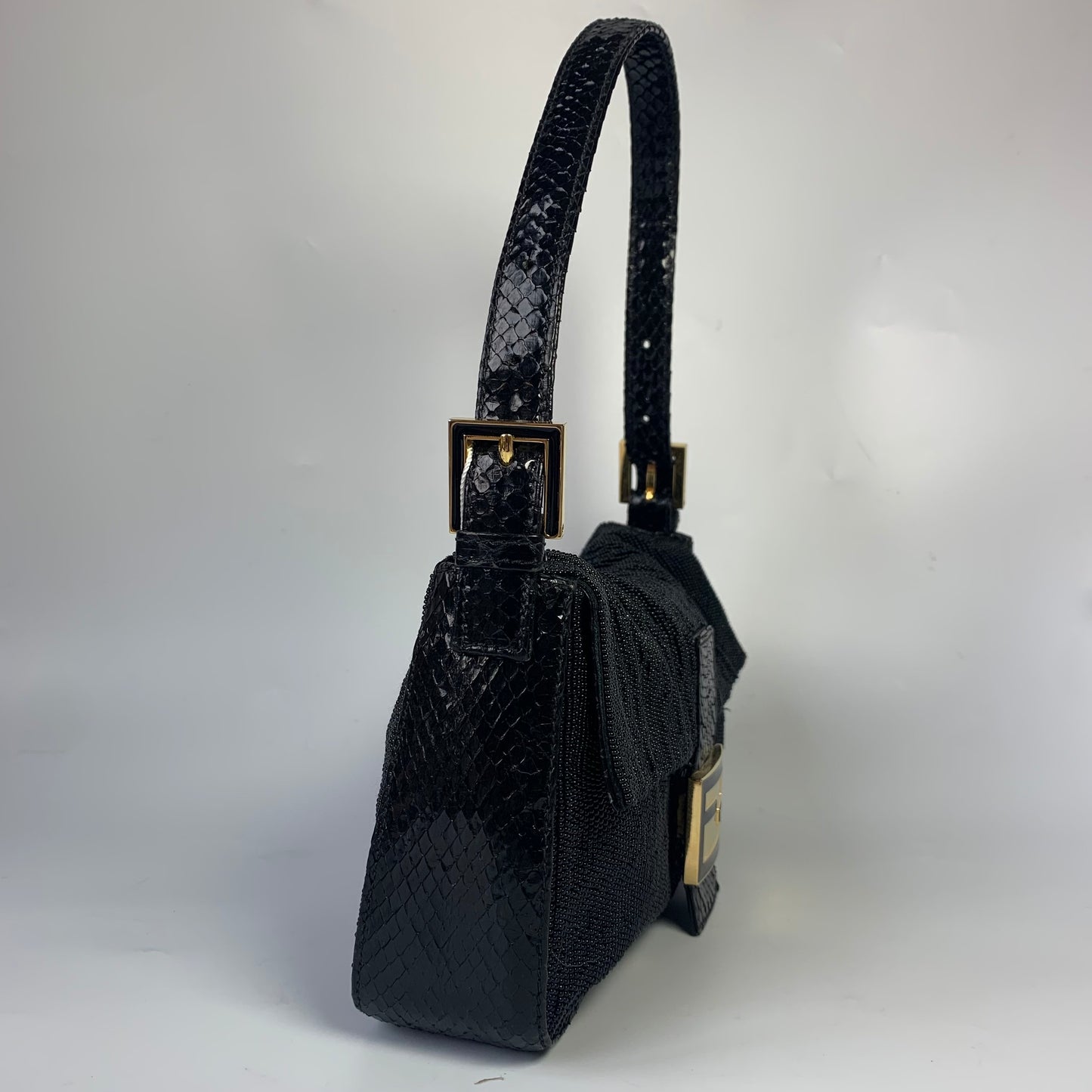 Sold Fendi Baguette Vintage Black Round Beads with Snake Skin Strap