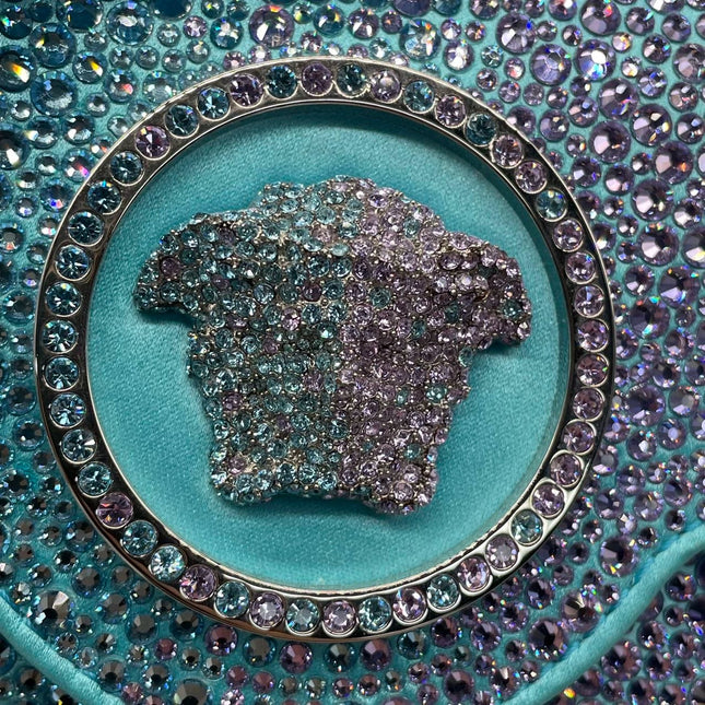 Versace La Medusa Mini Crystal Embellished Top Handle Bag in Blue Pink