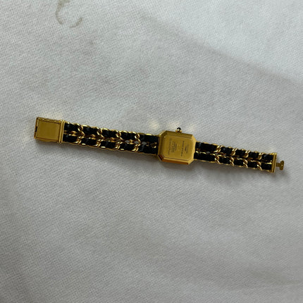 CHANEL 1987 Vintage PREMIERE Watch Medium Black Leather and 24KT Yellow Gold Plated
