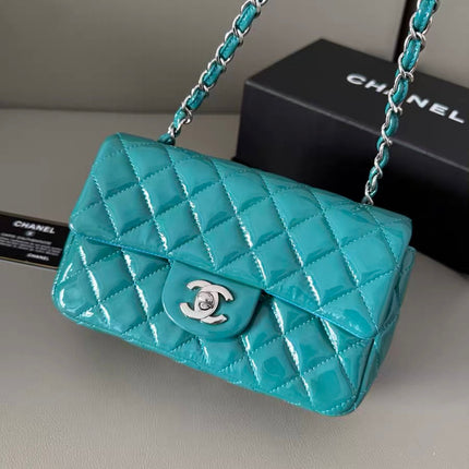 Chanel Classic Flap Rectangular Mini Blue Patent Leather Silver Hardware