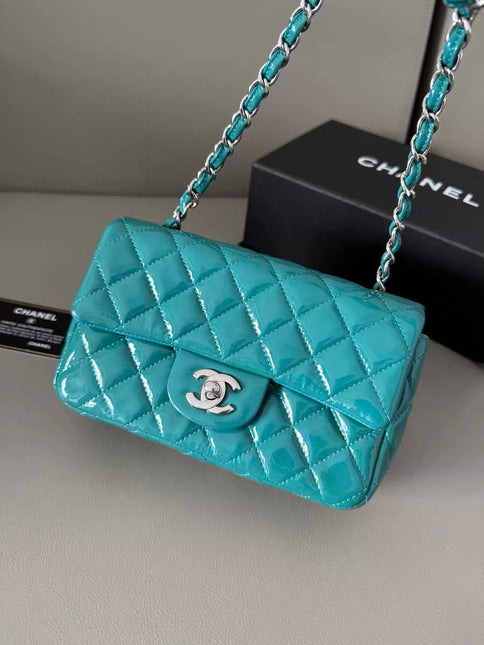 Chanel Classic Flap Rectangular Mini Blue Patent Leather Silver Hardware