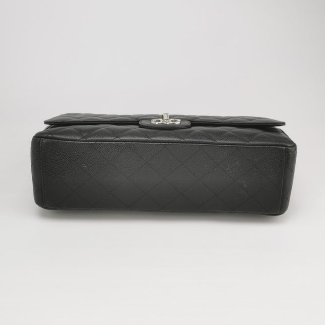 Chanel Classic Flap Maxi Black Caviar Leather Double Flap Sliver Hardware