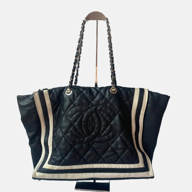 Chanel CC Shopping Tote Medium Cannage Lambskin Leather Navy with White Stripes-Luxbags