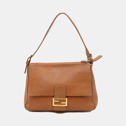 Fendi Mamma Baguette Selleria Calfskin Leather Caramel Tan Brown Shoulder Bag-Luxbags