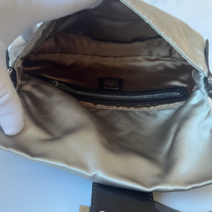 FENDI Baguette Beige Grey Silk Satin with Crystal Buckle Shoulder Bag