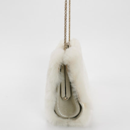 Chanel White Rabbit Fur Kiss Lock Clutch Chain Bag