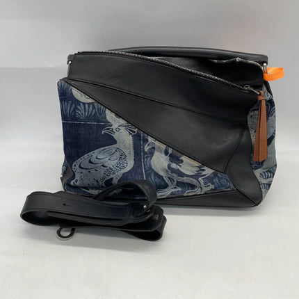 Loewe Puzzle Large Navy Leather and Denim Bird Print