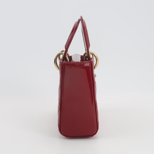 Lady Dior Mini 2019 Red Burgundy Patent Leather Gold Hardware Suede Interior Chain Strap