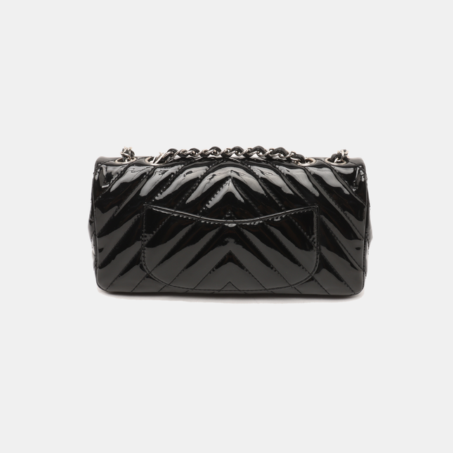 Sold Chanel Baguette Flap Shoulder Bag Chevron Black Patent Leather Silver Double Chain