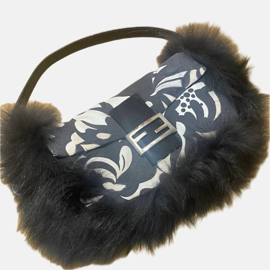 Fendi Baguette Black Print Fabric and Furry Shoulder Bag-Luxbags