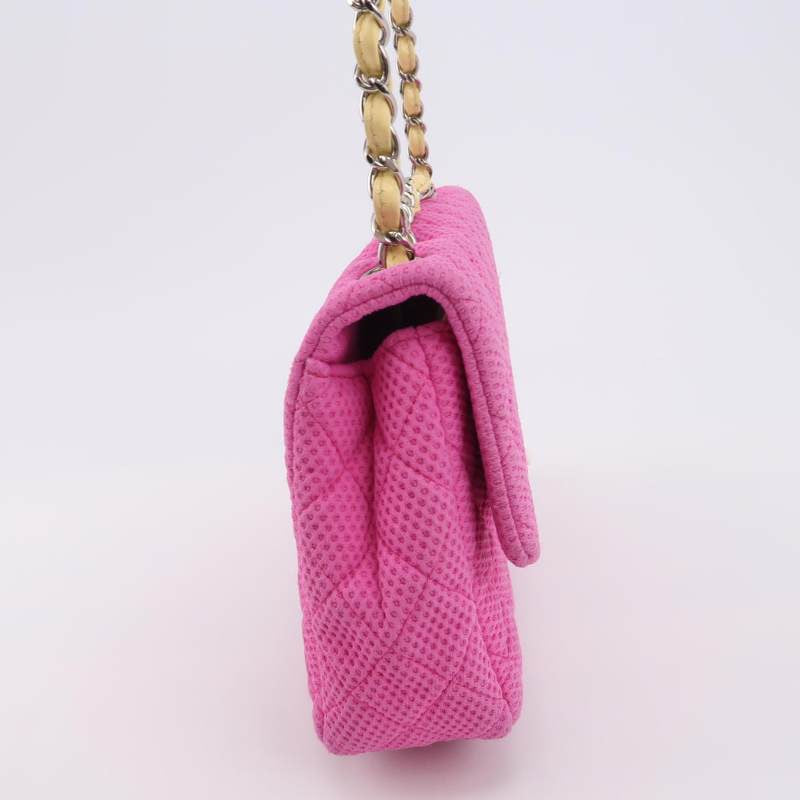 Chanel Flap Bag Medium Pink Perforated Fabric Yellow Patent Leather Stap 2009-2010