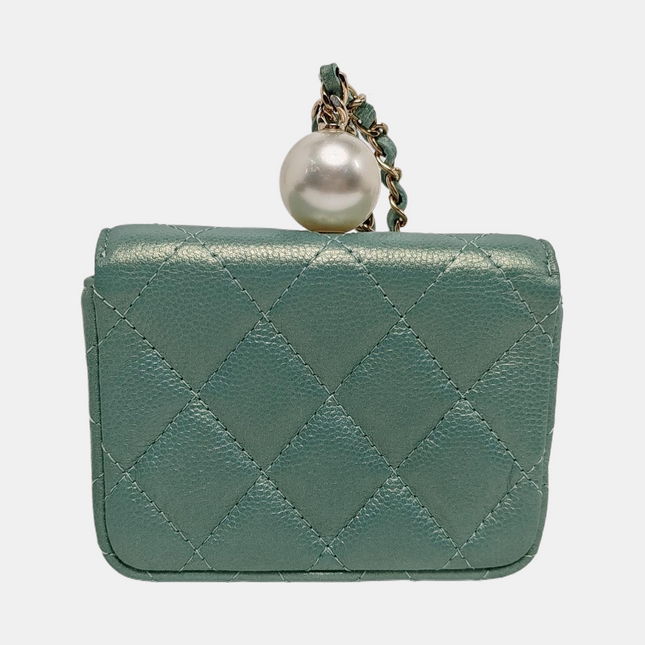 Chanel CC Pearl Coin Card Holder with Chain Quilted Green Caviar Leather Gold Hardware 2021