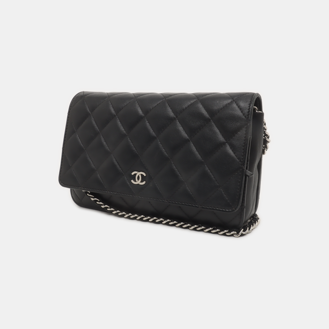 Chanel Wallet on Chain Classic Flap Black Lambskin Leather Silver Hardware