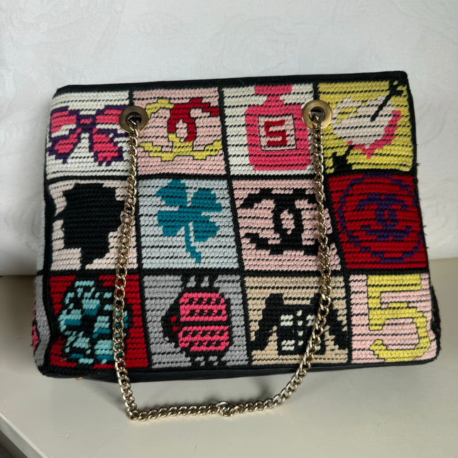 Rare Chanel Precious Symbols Needlepoint Shoulder Bag Shopper Tote