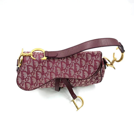 Dior Vintage Double Saddle Burgundy Oblique Monogram Canvas Gold Hardware
