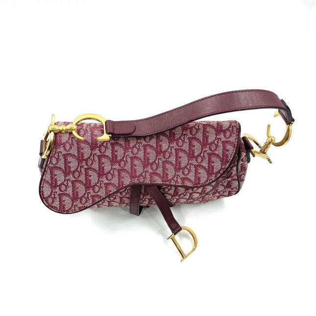Dior Vintage Double Saddle Burgundy Oblique Monogram Canvas Gold Hardware