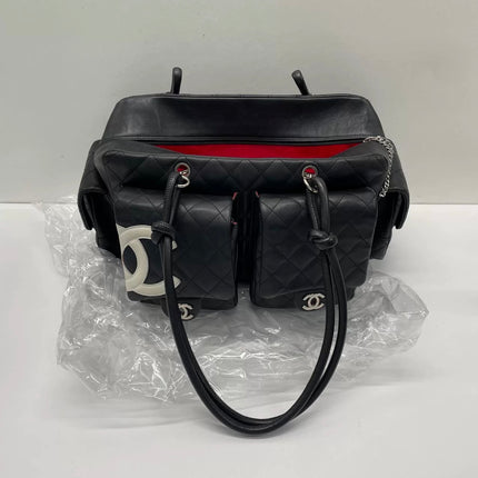 Chanel Cambon Multi-pocket Ligne Reporter Bag Large Black Calfskin Leather White Logo