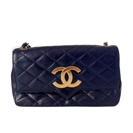 Chanel Vintage Classic Flap Mini Navy Lambskin Mega CC Logo 24k Gold HW, 1989-1991-Luxbags