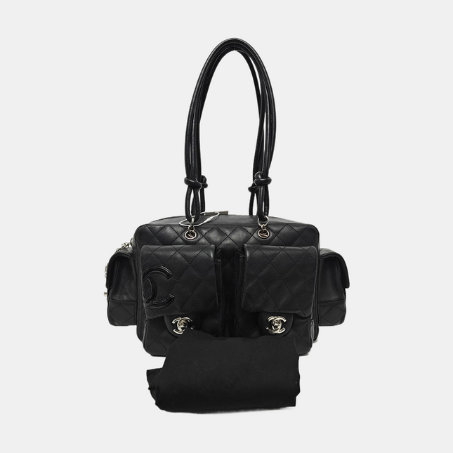 Chanel Cambon Multi-pocket Ligne Reporter Bag Medium Black CC on Black Calfskin Leather