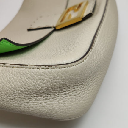 Fendi Baguette Selleria Medium White Grey Calfskin Leather Green Interior Crossbody Bag