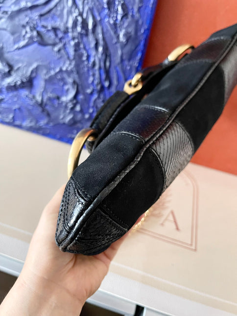 Gucci Horsebit 1955 Large Black Suede and Python-skin Leather Shoulder Bag