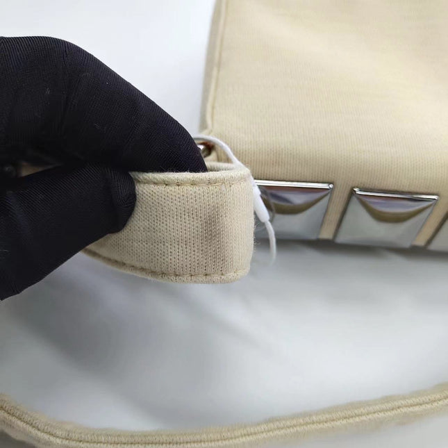 Chanel Ivory Jersey Evening Bag with Mirrored Pyramid Studs Ice Cube Chocolate Bar Shoulder Bag