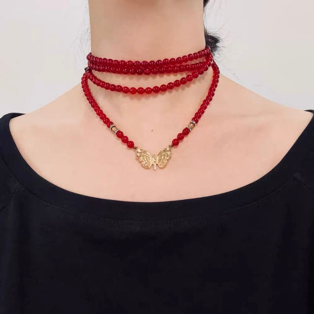 Ferragamo Vintage Rare Red Ruby Beads Necklace Gold Plated Butterfly Signed-Luxbags