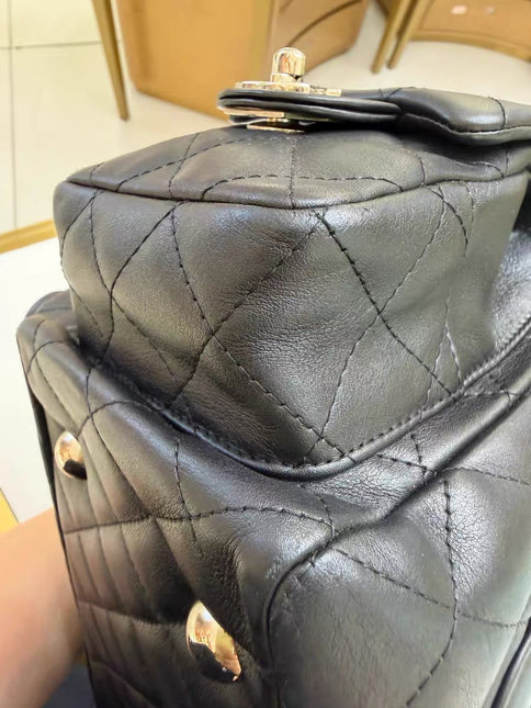 Chanel Cambon Multi-pocket Ligne Reporter Bag Large Black Calfskin Leather White Logo