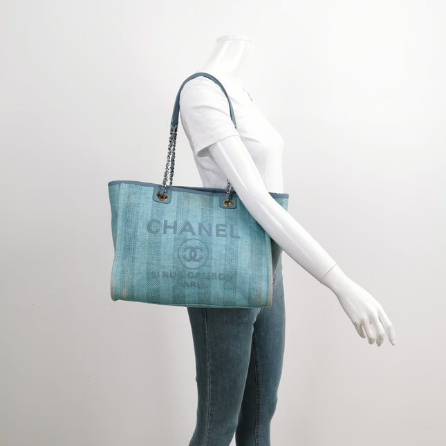 Chanel Deauville Tote Light Blue Turquoise Stripes Cloth Leather Chain Handle Small 34cm