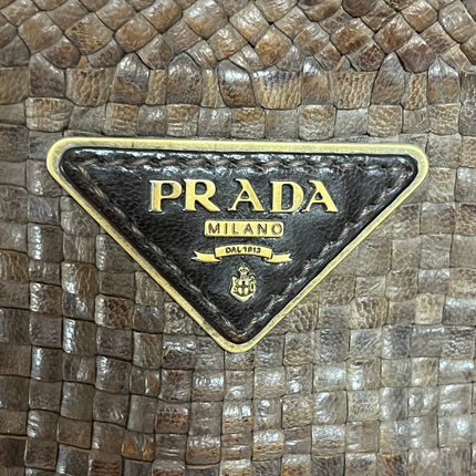 Prada Madras Brown Woven Leather Top Handle Shopping Tote Large