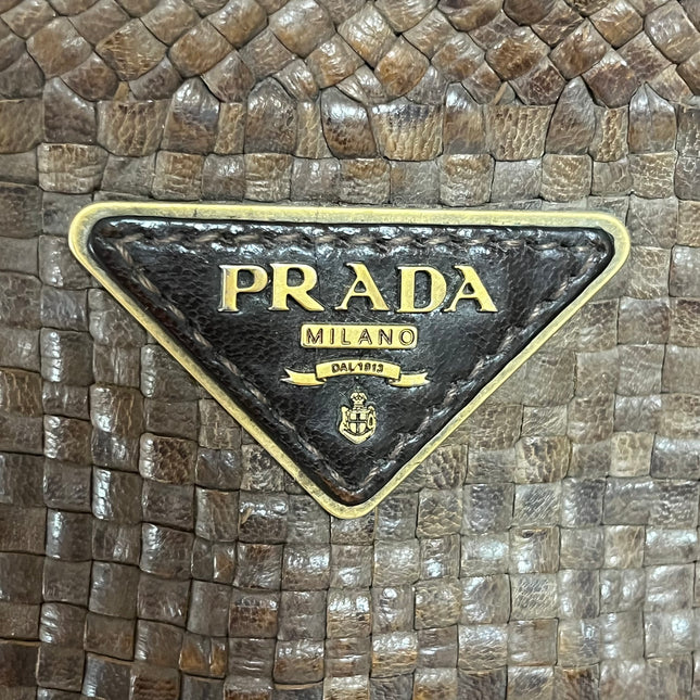 Prada Madras Brown Woven Leather Top Handle Shopping Tote