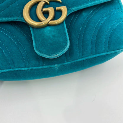 Gucci Marmont Small Flap Turquoise Blue Velvet Handbag