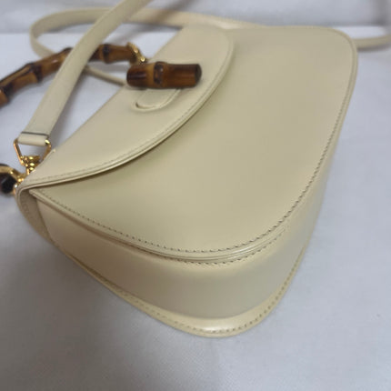 Gucci Bamboo 1947 Vintage Small White Box Leather Top Handle and Leather Strap Bag