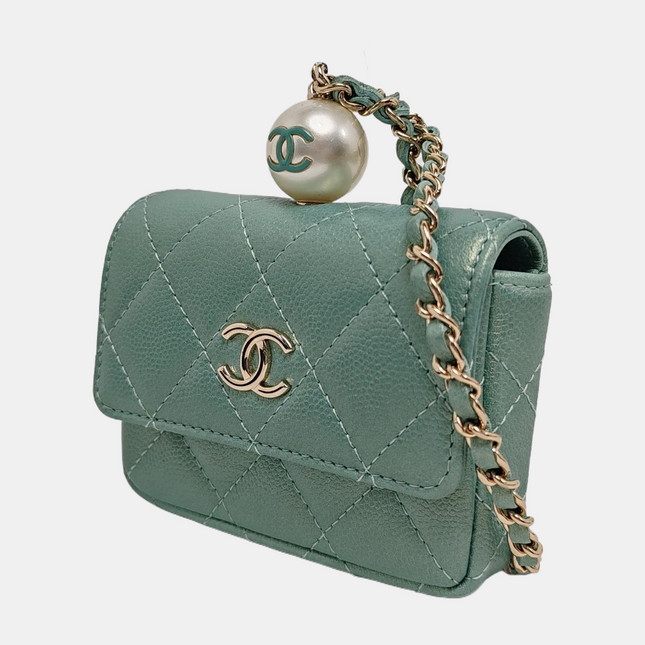 Chanel CC Pearl Coin Card Holder with Chain Quilted Green Caviar Leather Gold Hardware 2021